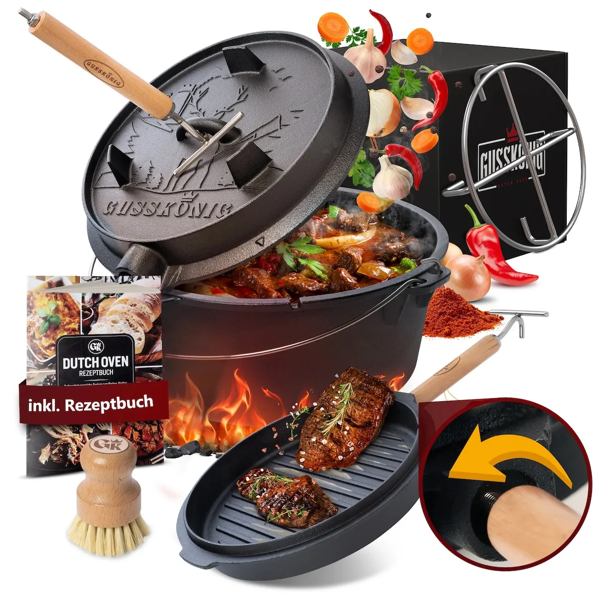 Чугунный казан Gusskönig на 9 л с крышкой-сковородой