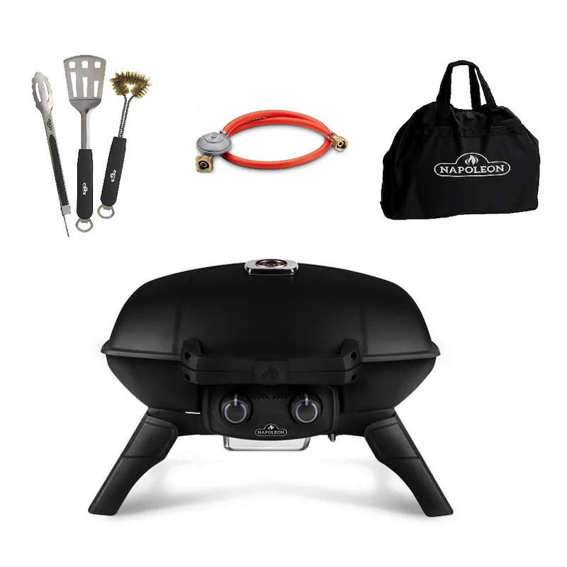 Комплект: портативный газовый гриль Napoleon TravelQ 285, инструменты, сумка-чехол, шланг с редуктором
